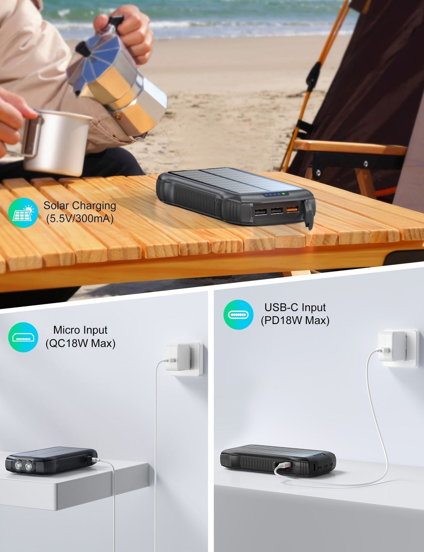 Portable Charger, Solar Power Bank 33500mAh Fast Charging, Solar Battery Pack with Waterproof 6W Bright Flashlight for iPhone S amsung Tablet
