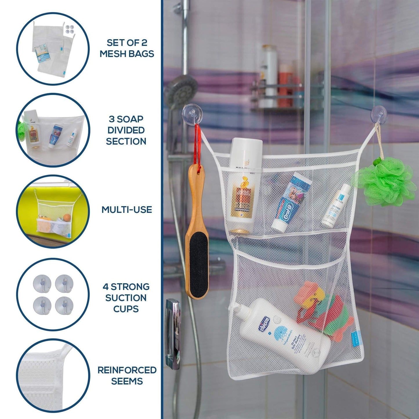 Bath Toy Organisers Set of 2 Large Size 14.16 x 19.67 in and 15.75 x 19.68 in Storage Net Bags for Baby Bathtub Toys 4 Strong Suction Cups Bathroom Shower Caddy Holder Multi Use for Kids Toddlers