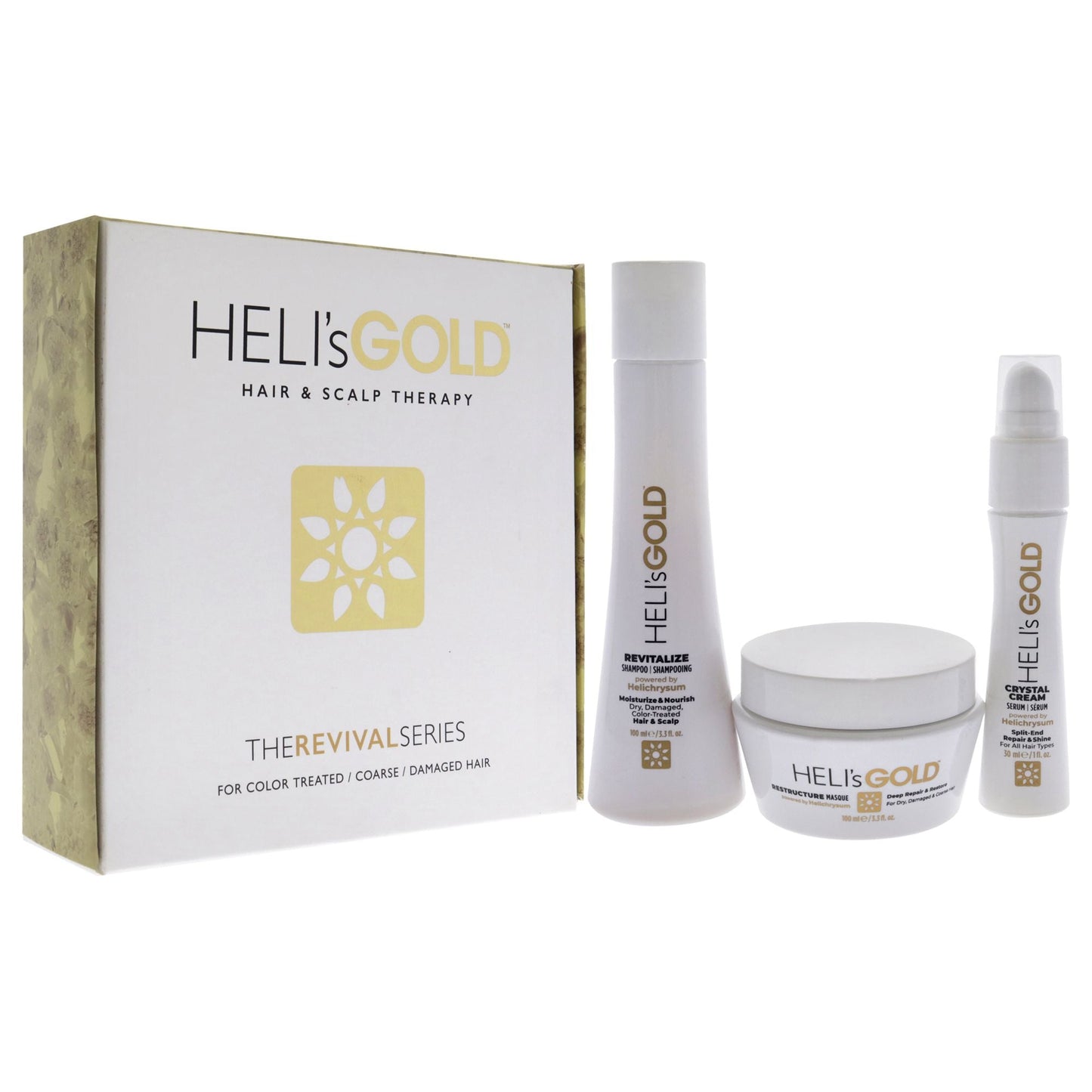 The Revival Series Travel Kit by Helis Gold for Unisex - 3 Pc 3.3oz Revitalize Shampoo, 3.3oz Restructure Masque, 1oz Crystal Cream