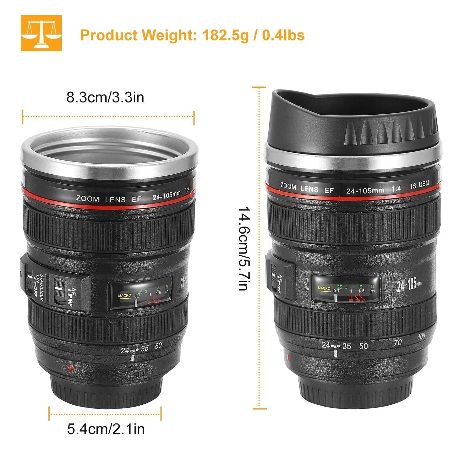 Camera Lens Coffee Mug Cup 13.6oz F ood-G rade Stainless Steel Travel Photography Insulated Mug for All Ages