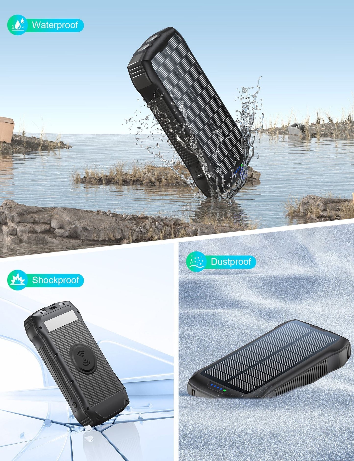 Portable Charger, Solar Power Bank 33500mAh Fast Charging, Solar Battery Pack with Waterproof 6W Bright Flashlight for iPhone S amsung Tablet