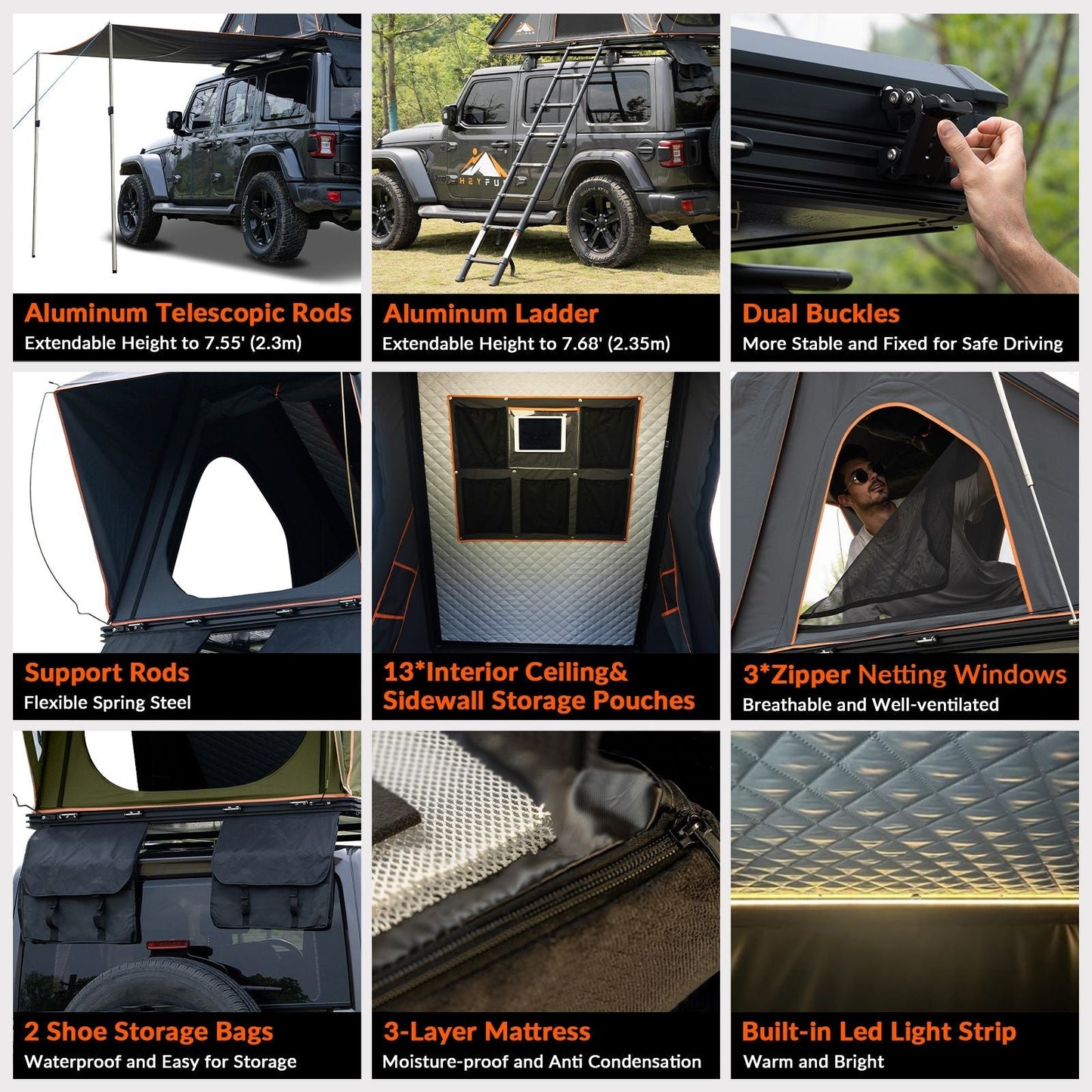 Roll over image to zoom in Adventurer Plus Rooftop Tent Hardshell with Side Awning, Air Conditioner Outlet with Bracket, &Replaceable Rain Flies, Truck Bed Tent for Camping, Pop Up Overland Roof Tents