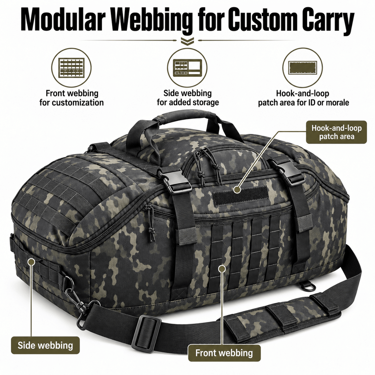 Tactical 65L Large Duffle Bag, 3-in-1 Tactical Backpack MOLLE Pack for Sports, Gym, Outdoor
