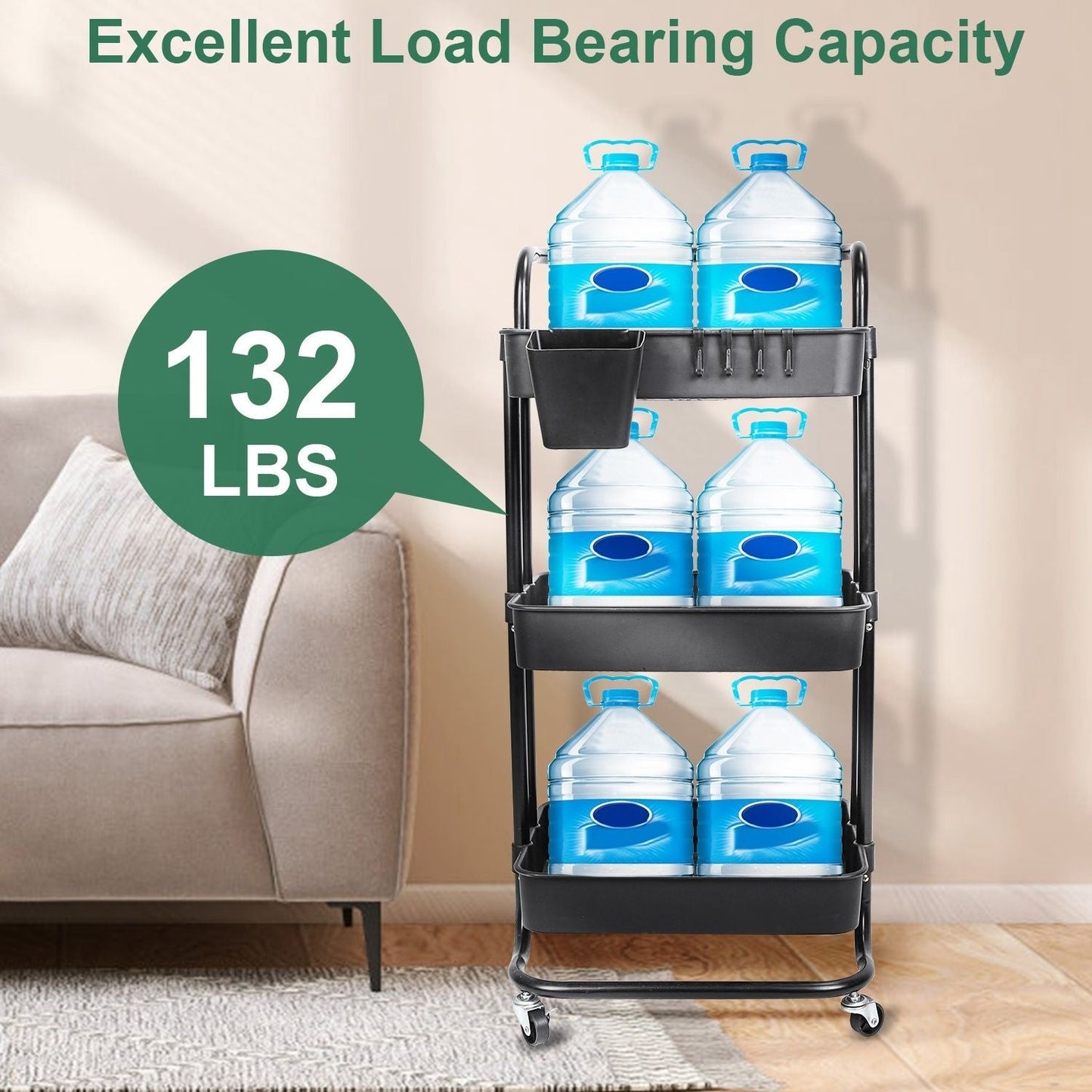 3 Tier Rolling Utility Cart Movable Storage Organizer with Mesh Baskets Lockable Wheels 360 Degree Rotatable Hanging Box Hooks Bedroom Bathroom Kitchen