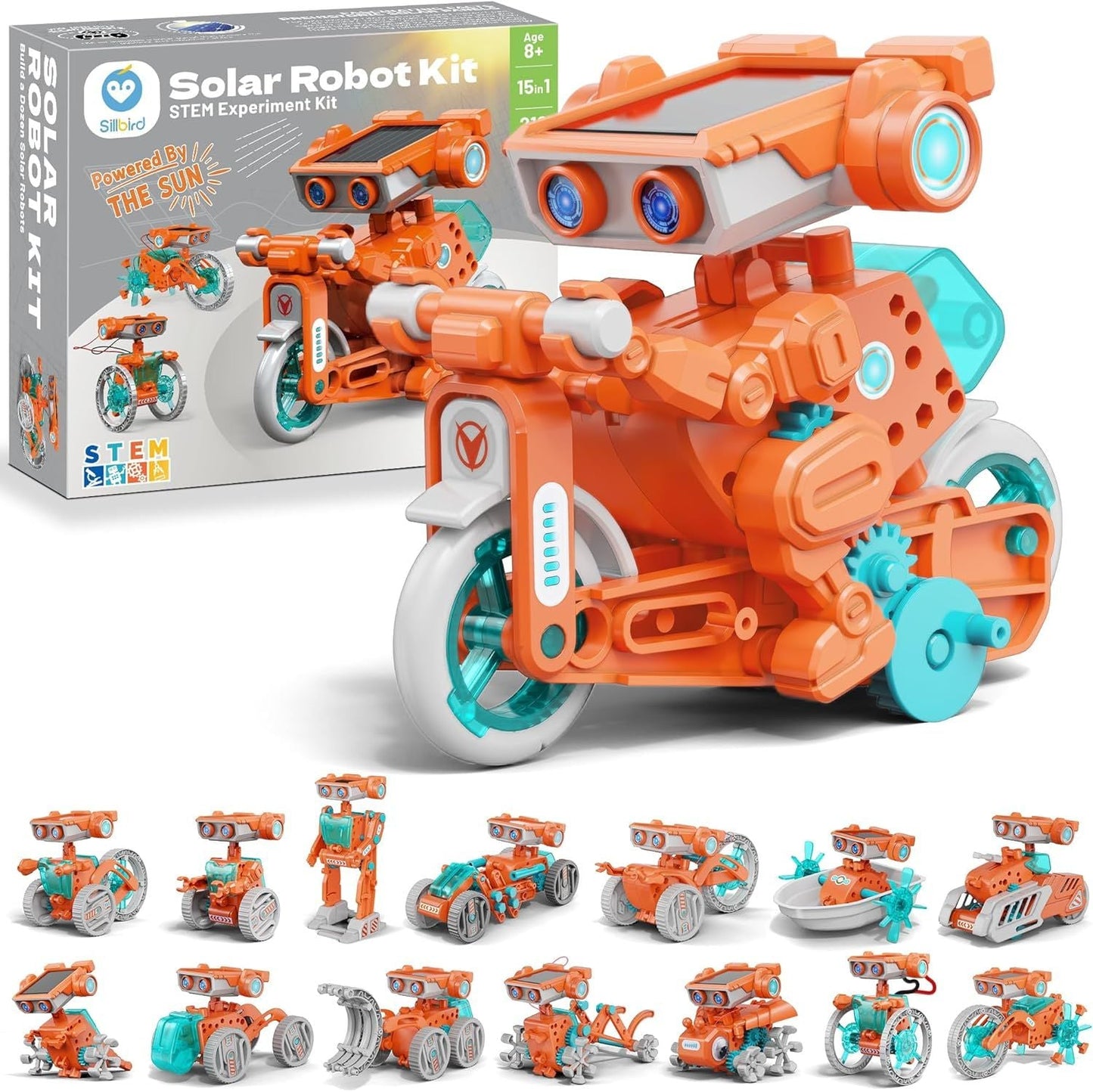 Solar Robot Building Kit Christmas STEM Gift for Boys Aged 8-14, 15-in-1 DIY Science Educational Robotic Set, Solar or Battery Powered Toy for Kids Birthday with 212 Pieces