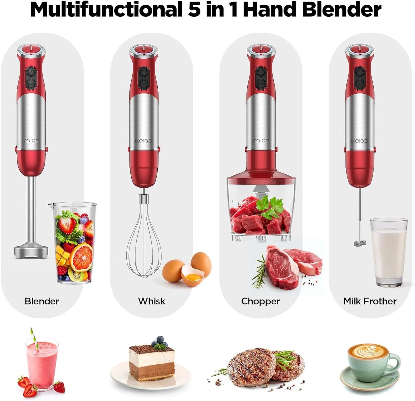 KOIOS 5-in-1 Hand Immersion Blender, 1000W 12 Speed Handheld Blender, Copper Motor Stainless Steel Blade Stick Blender,600ml Mixing Beaker,500ml Food Processor, Whisk, Milk Frother, B PA-F ree, Red