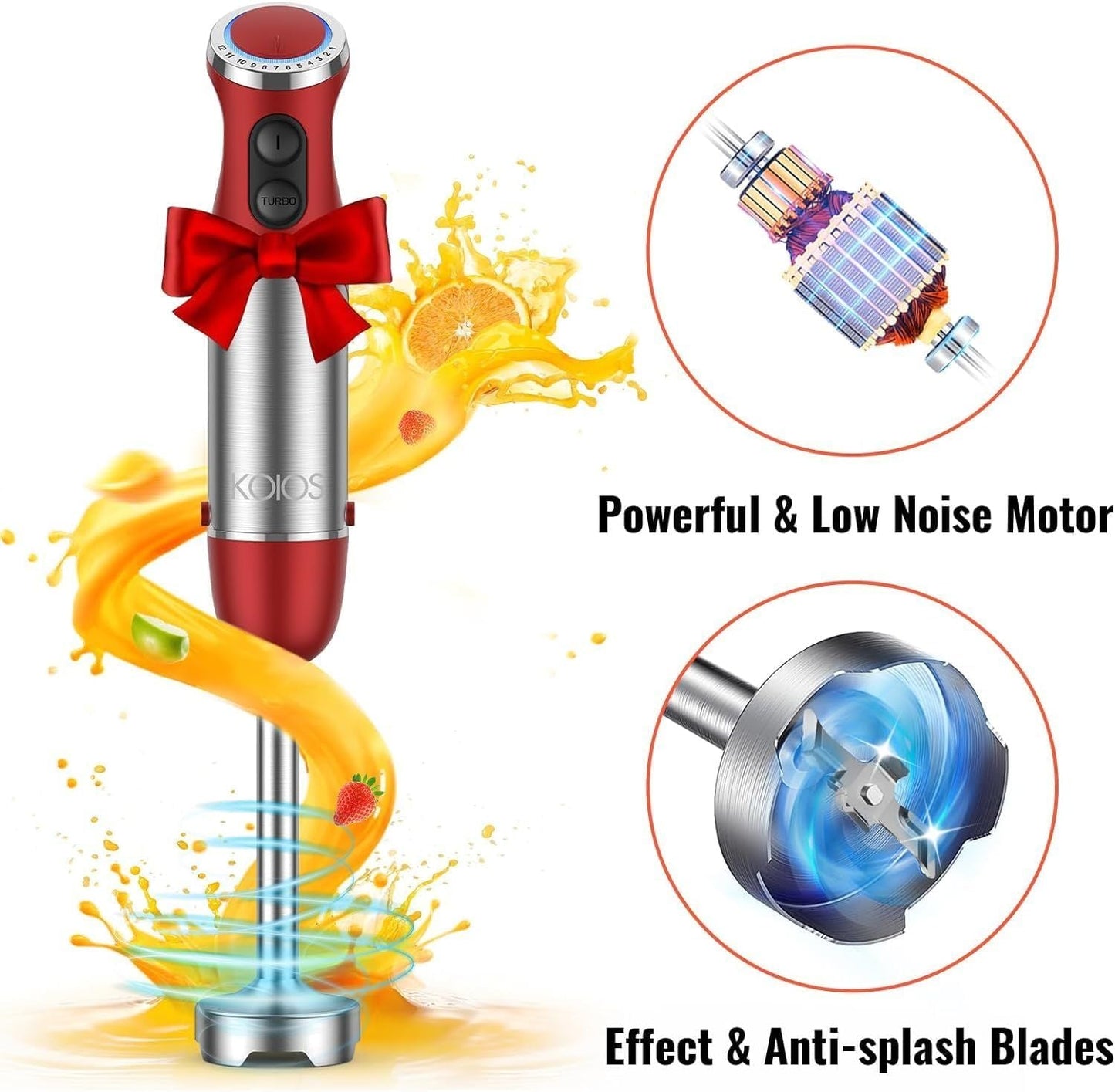 KOIOS 5-in-1 Hand Immersion Blender, 1000W 12 Speed Handheld Blender, Copper Motor Stainless Steel Blade Stick Blender,600ml Mixing Beaker,500ml Food Processor, Whisk, Milk Frother, B PA-F ree, Red