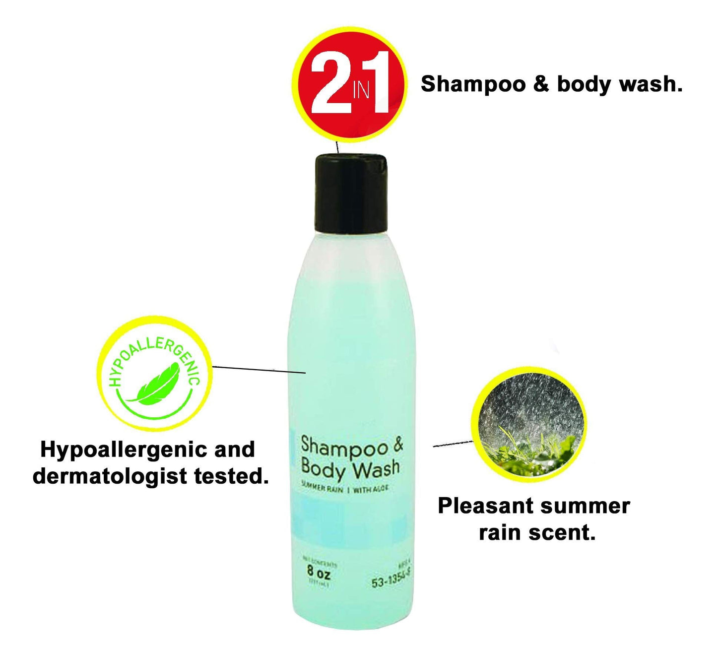 Skin and Hair Cleanser 8 oz. Case of 48 Shampoo & Body Wash with Lanolin, Aloe Vera and collagen. Skin care solution for showers or baths. Natural conditioners & Pleasant Summer Rain Scent.