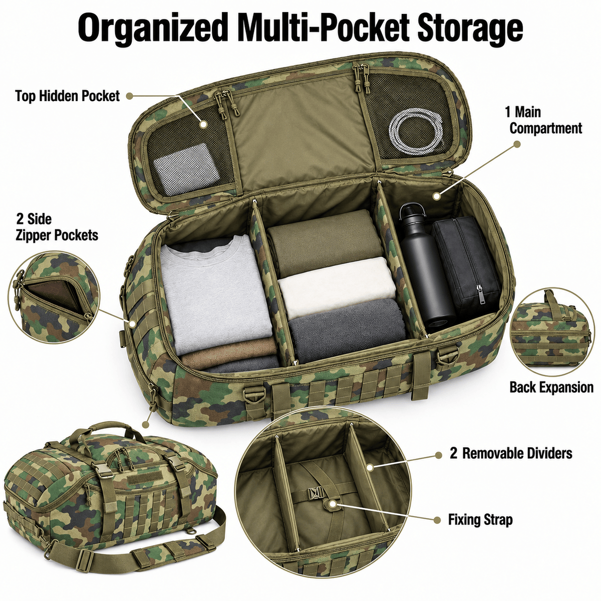 Tactical 65L Large Duffle Bag, 3-in-1 Tactical Backpack MOLLE Pack for Sports, Gym, Outdoor
