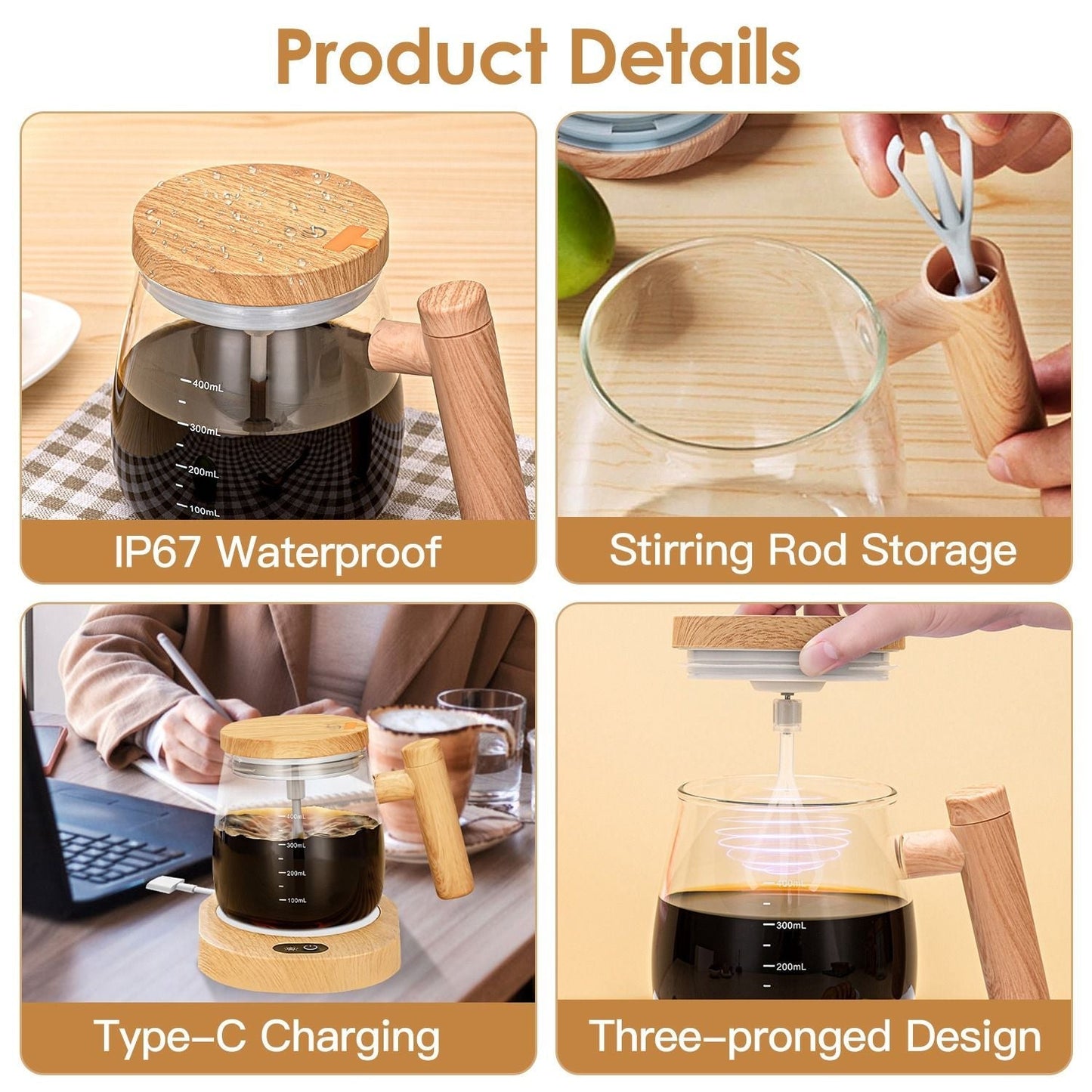 Electric Mixing Mug 400ML High Speed Mixing Cup USB Rechargeable Self String Mug IP67 Waterproof One Button Start for Coffee Milk Protein Powder Egg