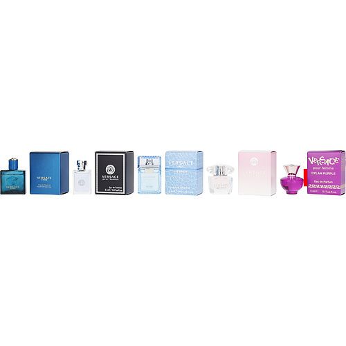 VERSACE VARIETY by Gianni Versace 5 PIECE UNISEX MINI VARIETY WITH BRIGHT CRYSTAL EDT & EROS POUR HOMME EDT & DYLAN PURPLE POUR FEMME EDP & EROS AND ALL ARE 0.17 OZ MINIS