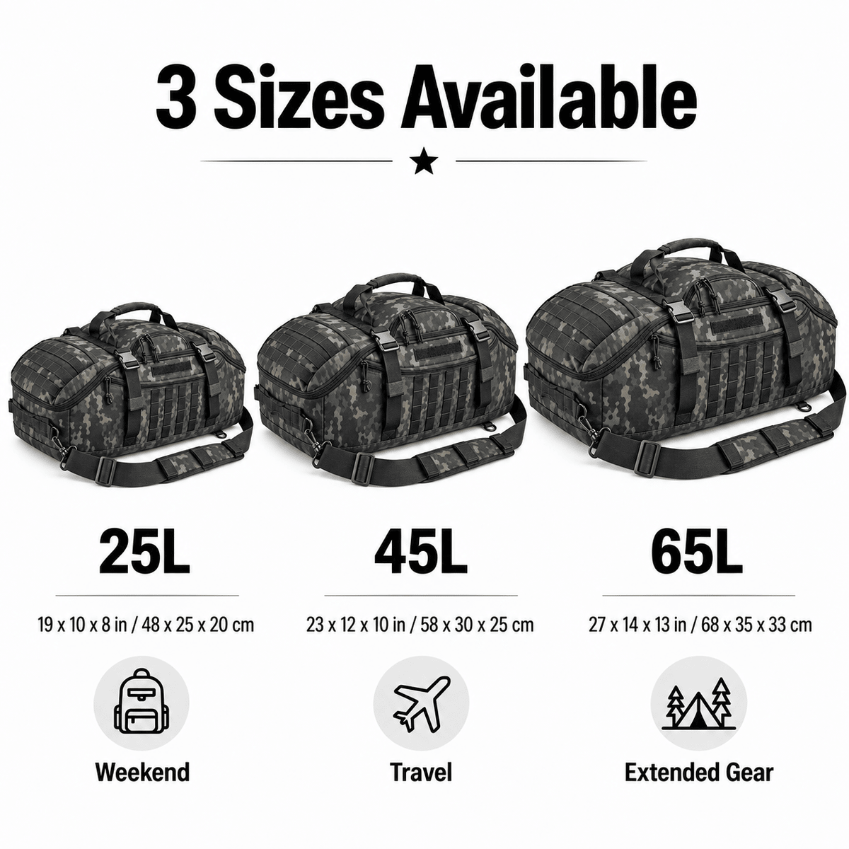 Tactical 65L Large Duffle Bag, 3-in-1 Tactical Backpack MOLLE Pack for Sports, Gym, Outdoor