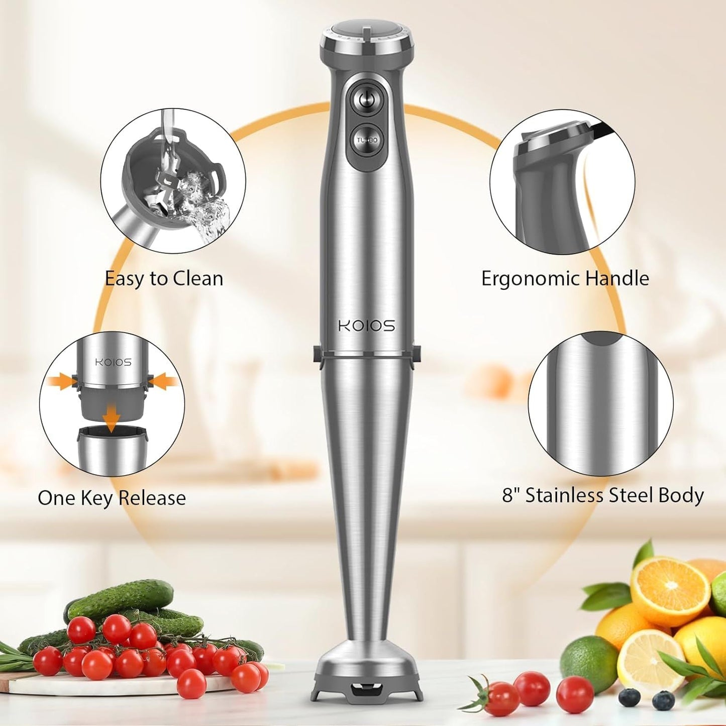 KOIOS Immersion Blender, 1000W Anti-scratch 3-in-1 Hand Blender, Upgraded 12 Speed Stainless Steel Blade Stick Blender with Turbo Mode, Whisk and Milk Frother, B PA-F ree