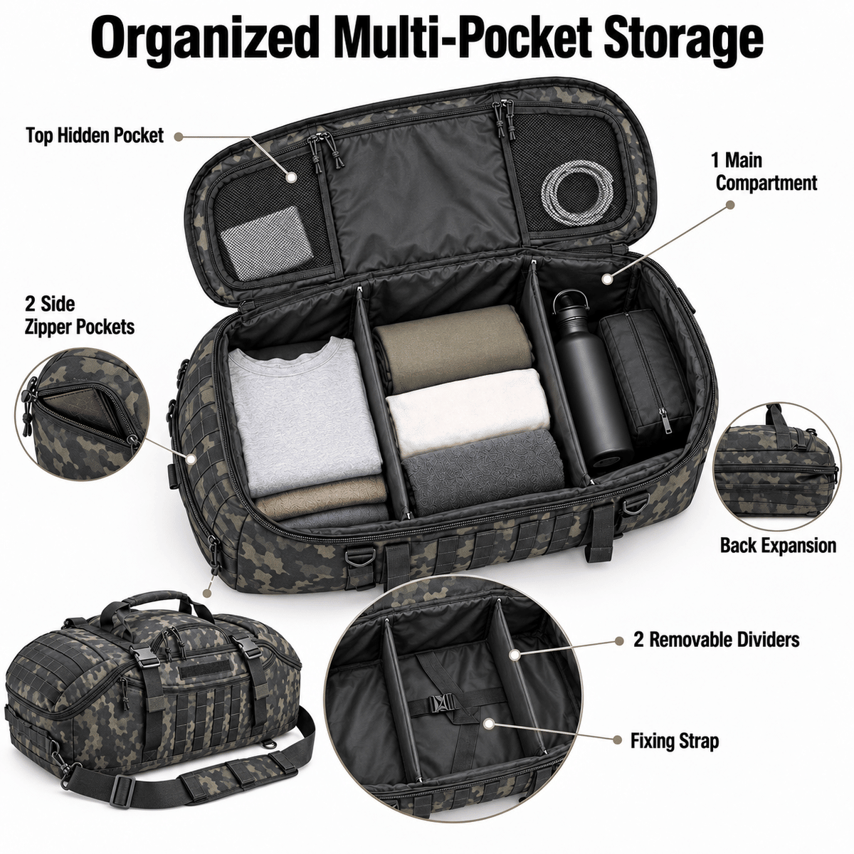 Tactical 65L Large Duffle Bag, 3-in-1 Tactical Backpack MOLLE Pack for Sports, Gym, Outdoor