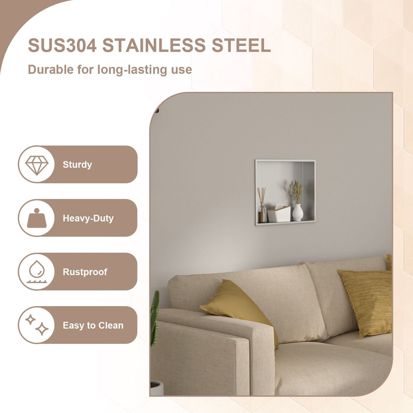 Brushed Stainless Steel Wall Shower  Niche , Double Recessed Shower Shelf for Bathroom