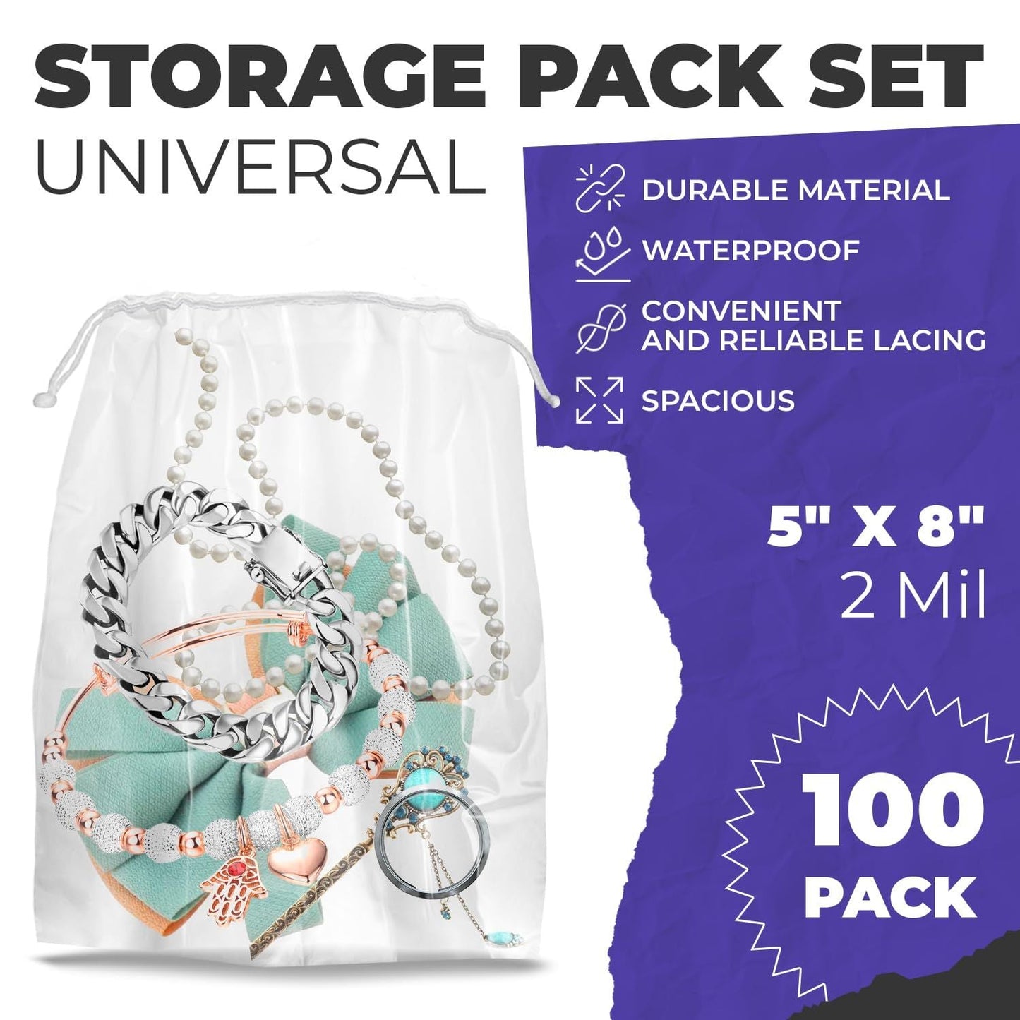 Clear Drawstring Bag, 5 x 8 Inches. Pack of 100 Clear Plastic Drawstring Bags. 2 Mil Drawstring Clear Plastic Bags. Waterproof Clear Plastic Bags Drawstring for Cosmetics, Toiletries