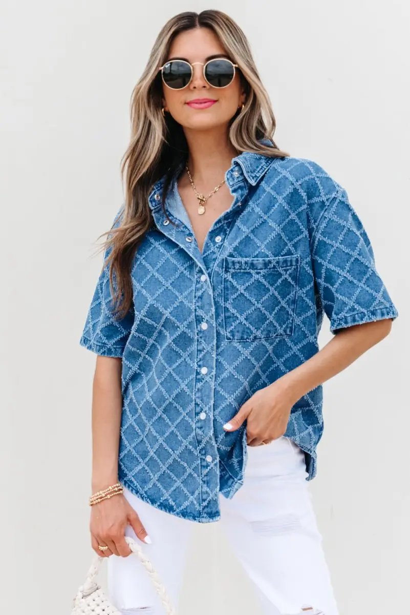 Accessories Love Salve Blue Checkered Denim Daily Wear Shirt Women's Casual Short Sleeve Top
