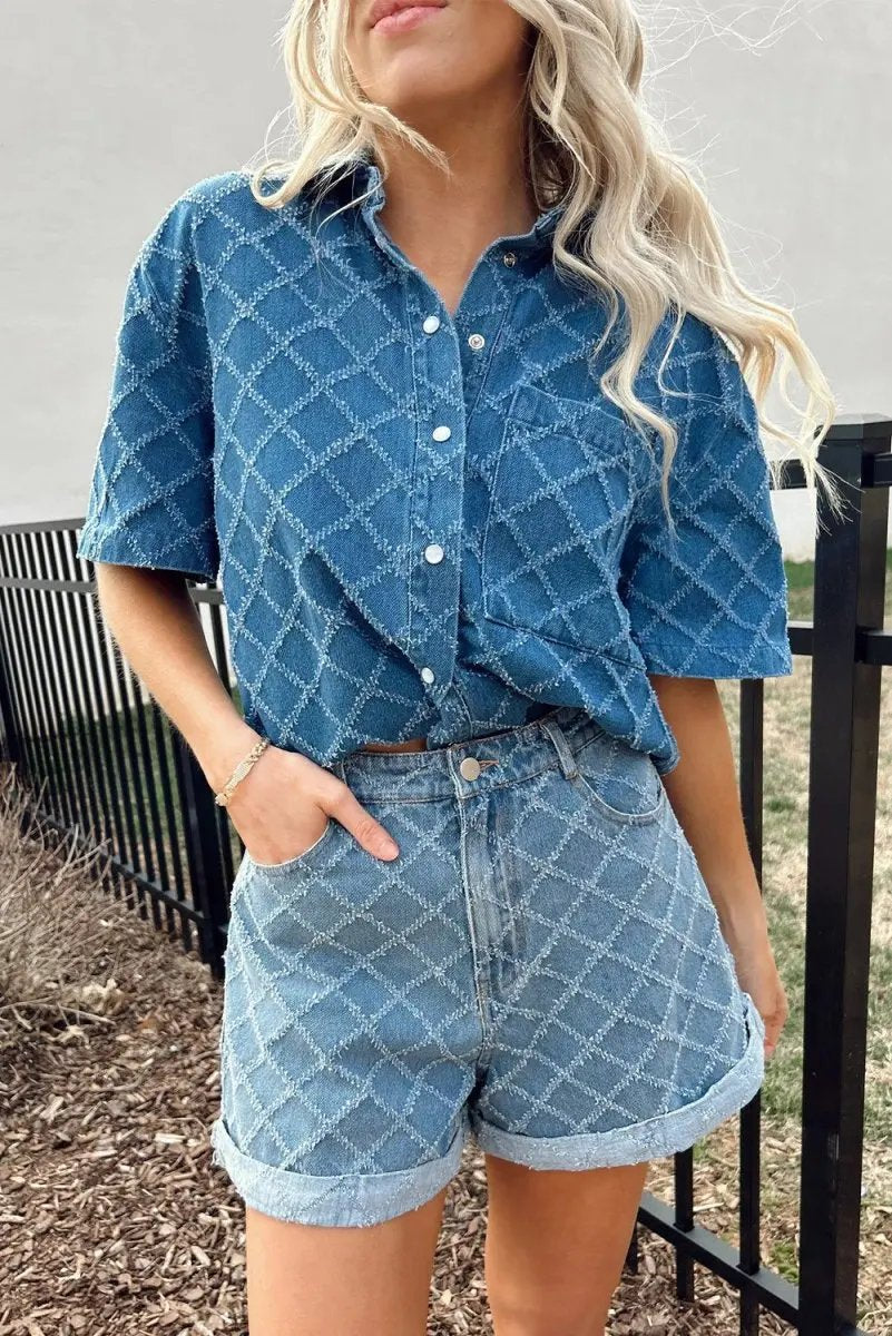 Accessories Love Salve Blue Checkered Denim Daily Wear Shirt Women's Casual Short Sleeve Top