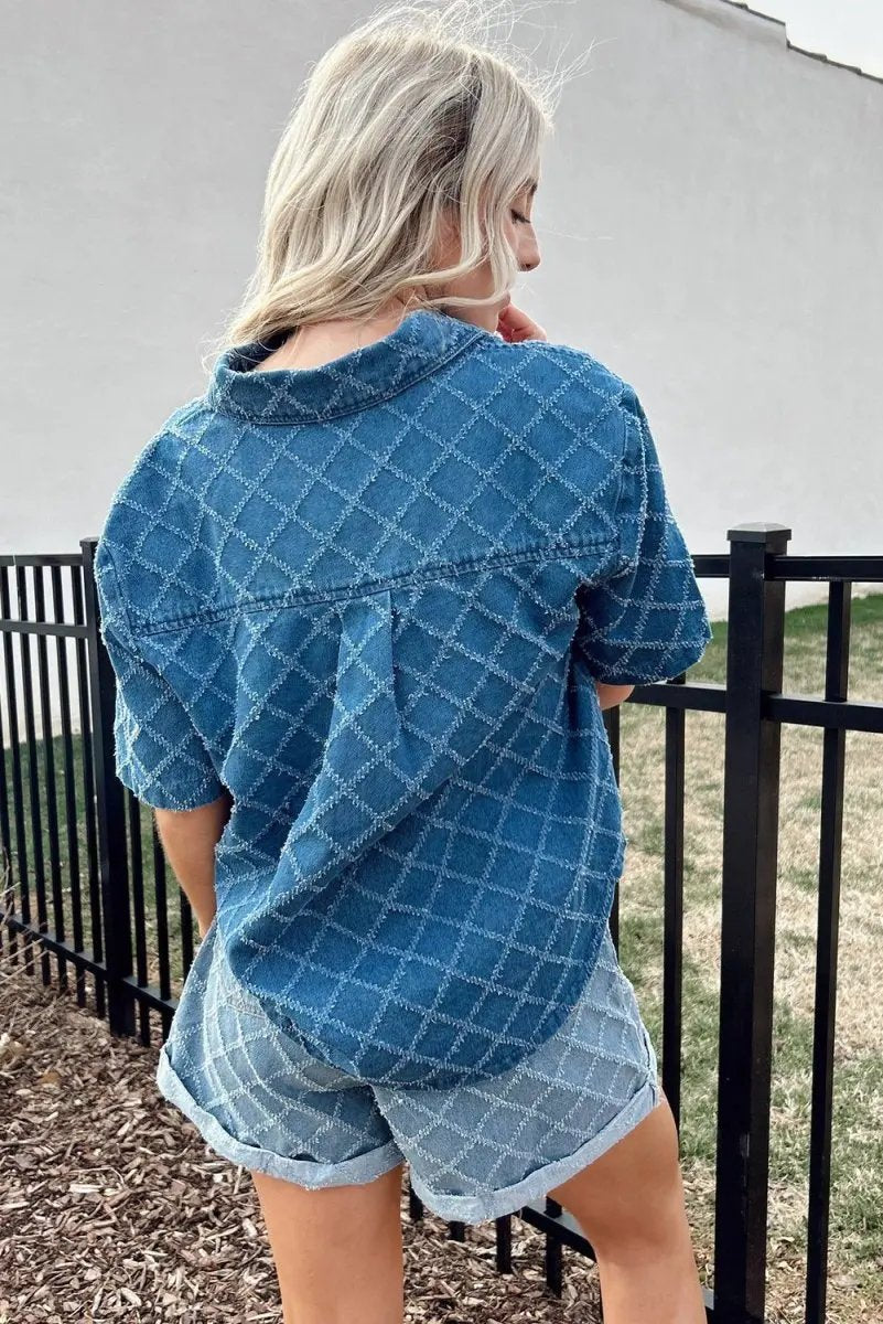Accessories Love Salve Blue Checkered Denim Daily Wear Shirt Women's Casual Short Sleeve Top