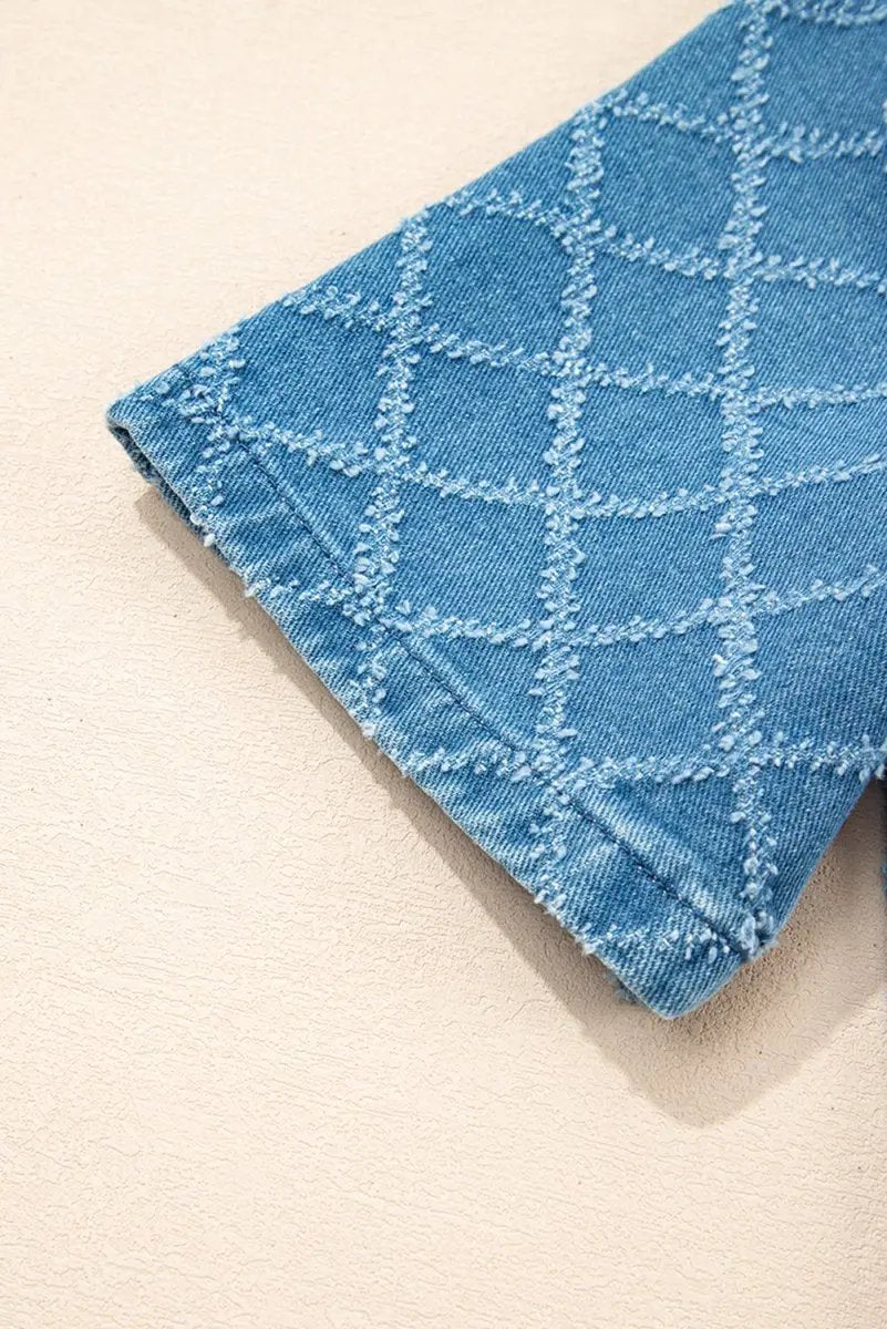 Accessories Love Salve Blue Checkered Denim Daily Wear Shirt Women's Casual Short Sleeve Top