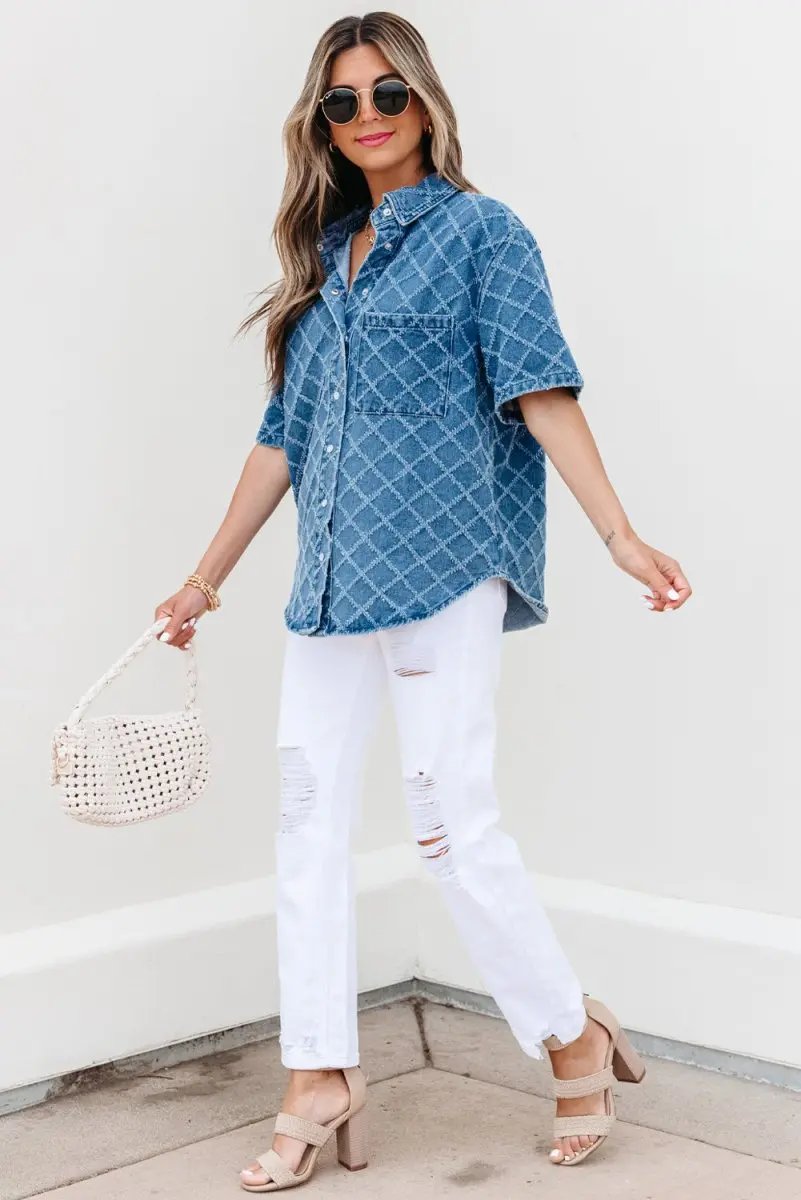 Accessories Love Salve Blue Checkered Denim Daily Wear Shirt Women's Casual Short Sleeve Top