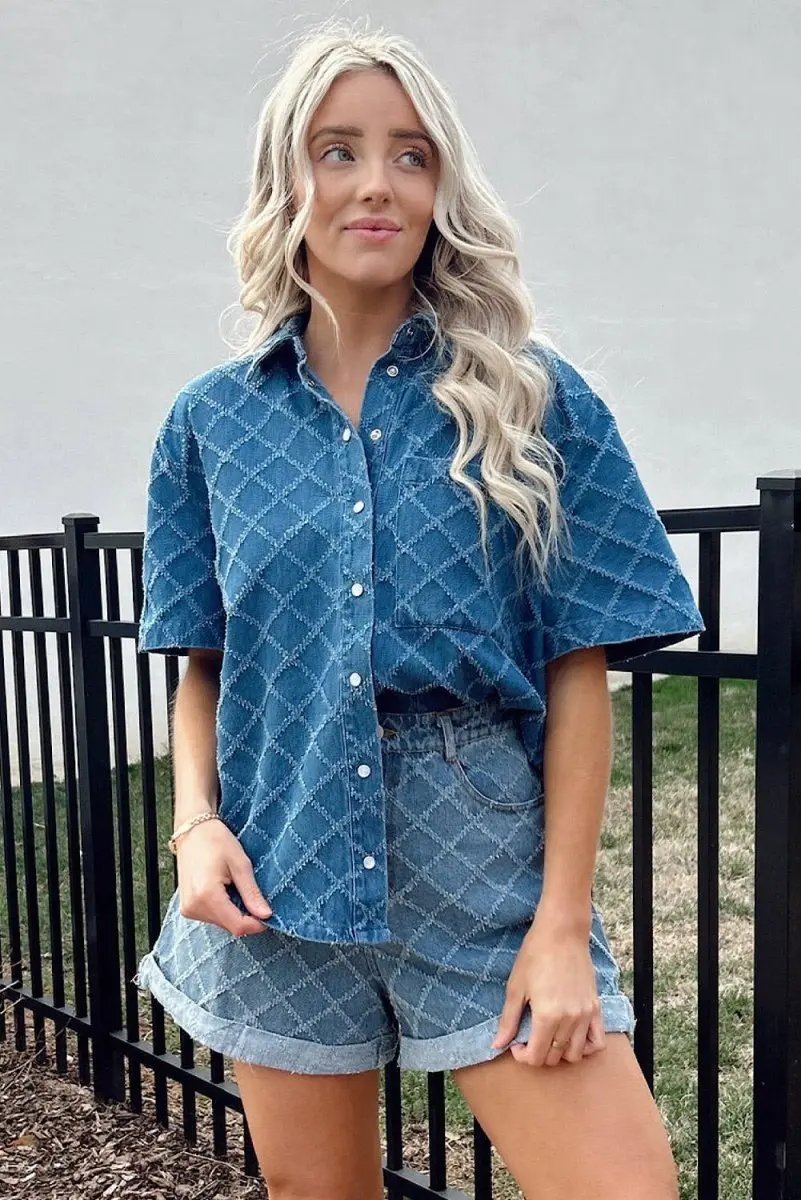 Accessories Love Salve Blue Checkered Denim Daily Wear Shirt Women's Casual Short Sleeve Top