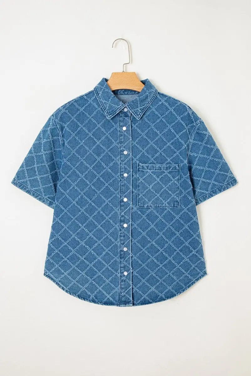 Accessories Love Salve Blue Checkered Denim Daily Wear Shirt Women's Casual Short Sleeve Top