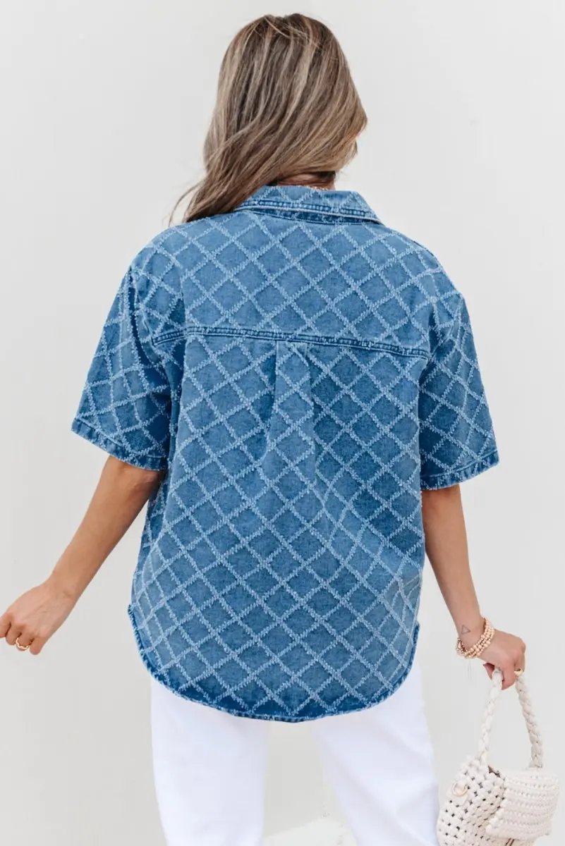 Accessories Love Salve Blue Checkered Denim Daily Wear Shirt Women's Casual Short Sleeve Top