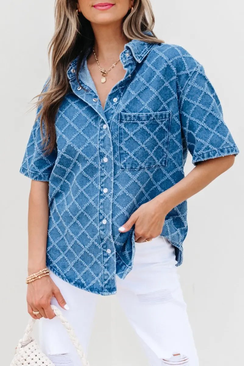 Accessories Love Salve Blue Checkered Denim Daily Wear Shirt Women's Casual Short Sleeve Top