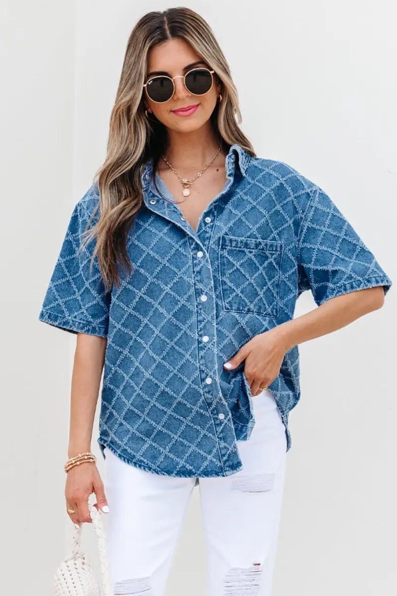 Accessories Love Salve Blue Checkered Denim Daily Wear Shirt Women's Casual Short Sleeve Top