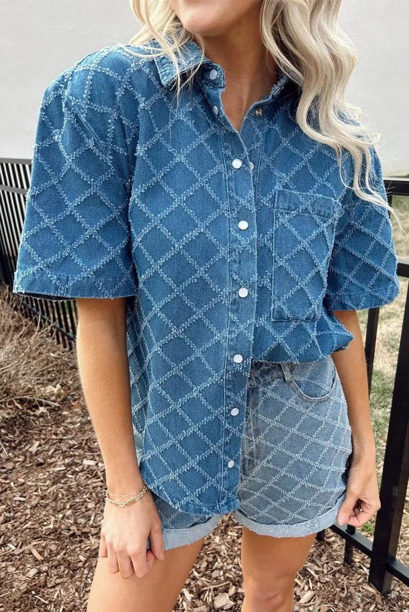Accessories Love Salve Blue Checkered Denim Daily Wear Shirt Women's Casual Short Sleeve Top