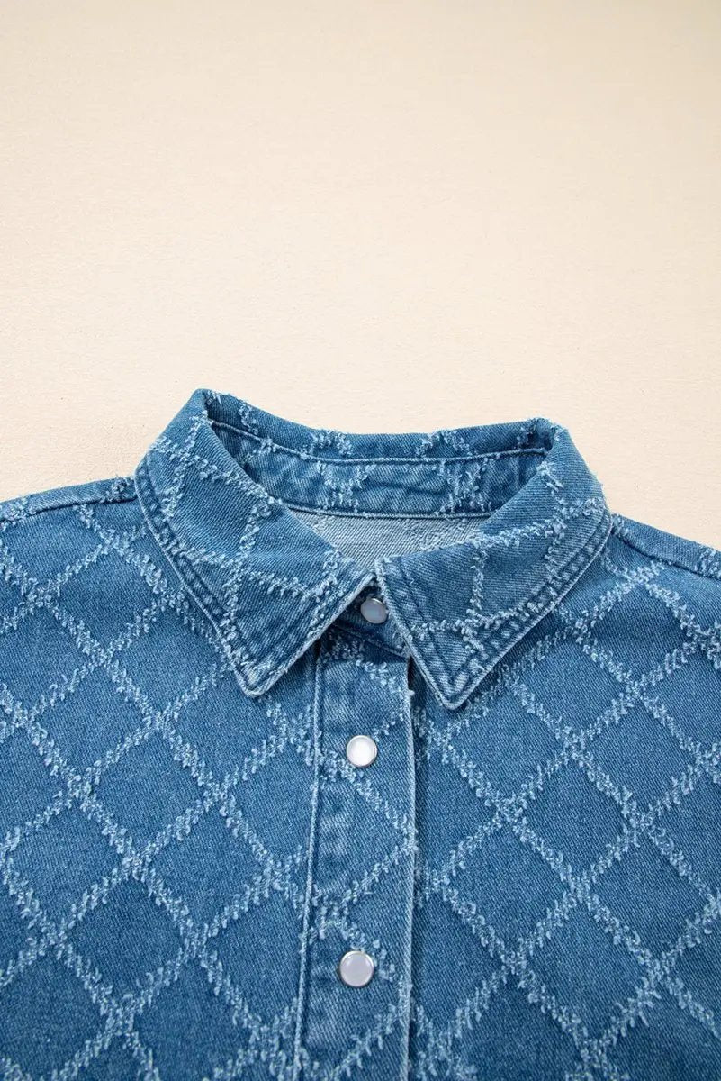 Accessories Love Salve Blue Checkered Denim Daily Wear Shirt Women's Casual Short Sleeve Top