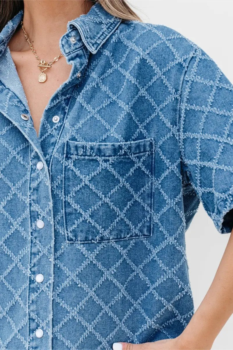 Accessories Love Salve Blue Checkered Denim Daily Wear Shirt Women's Casual Short Sleeve Top