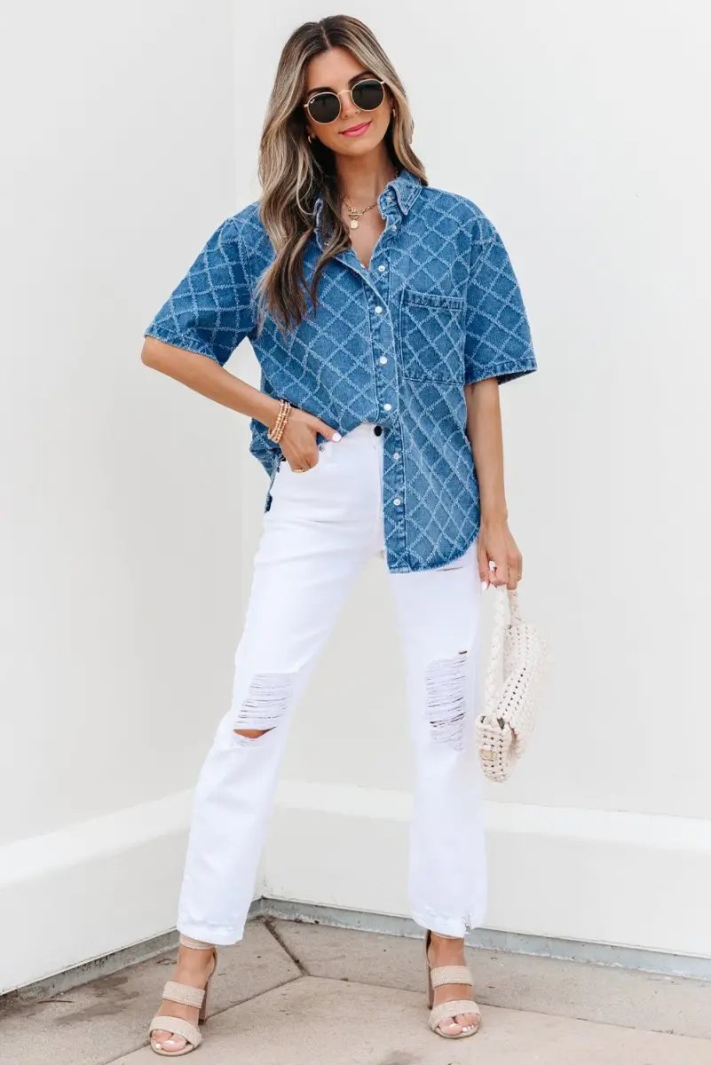 Accessories Love Salve Blue Checkered Denim Daily Wear Shirt Women's Casual Short Sleeve Top