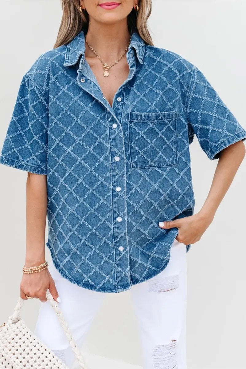 Accessories Love Salve Blue Checkered Denim Daily Wear Shirt Women's Casual Short Sleeve Top