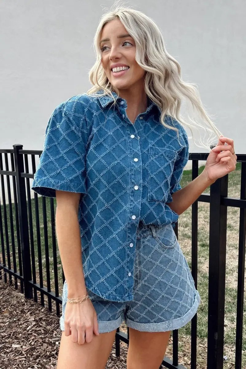Accessories Love Salve Blue Checkered Denim Daily Wear Shirt Women's Casual Short Sleeve Top
