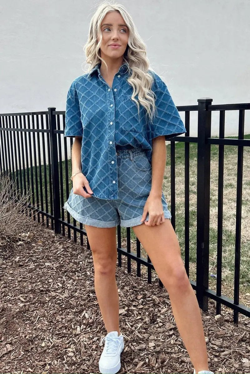 Accessories Love Salve Blue Checkered Denim Daily Wear Shirt Women's Casual Short Sleeve Top
