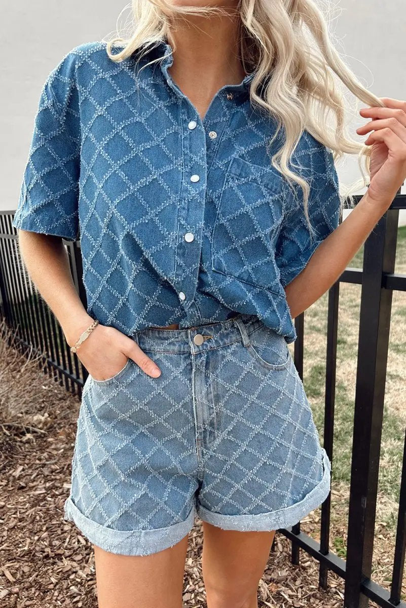 Accessories Love Salve Blue Checkered Denim Daily Wear Shirt Women's Casual Short Sleeve Top