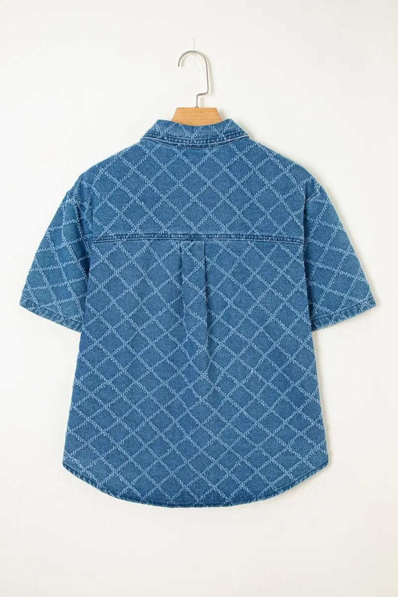 Accessories Love Salve Blue Checkered Denim Daily Wear Shirt Women's Casual Short Sleeve Top