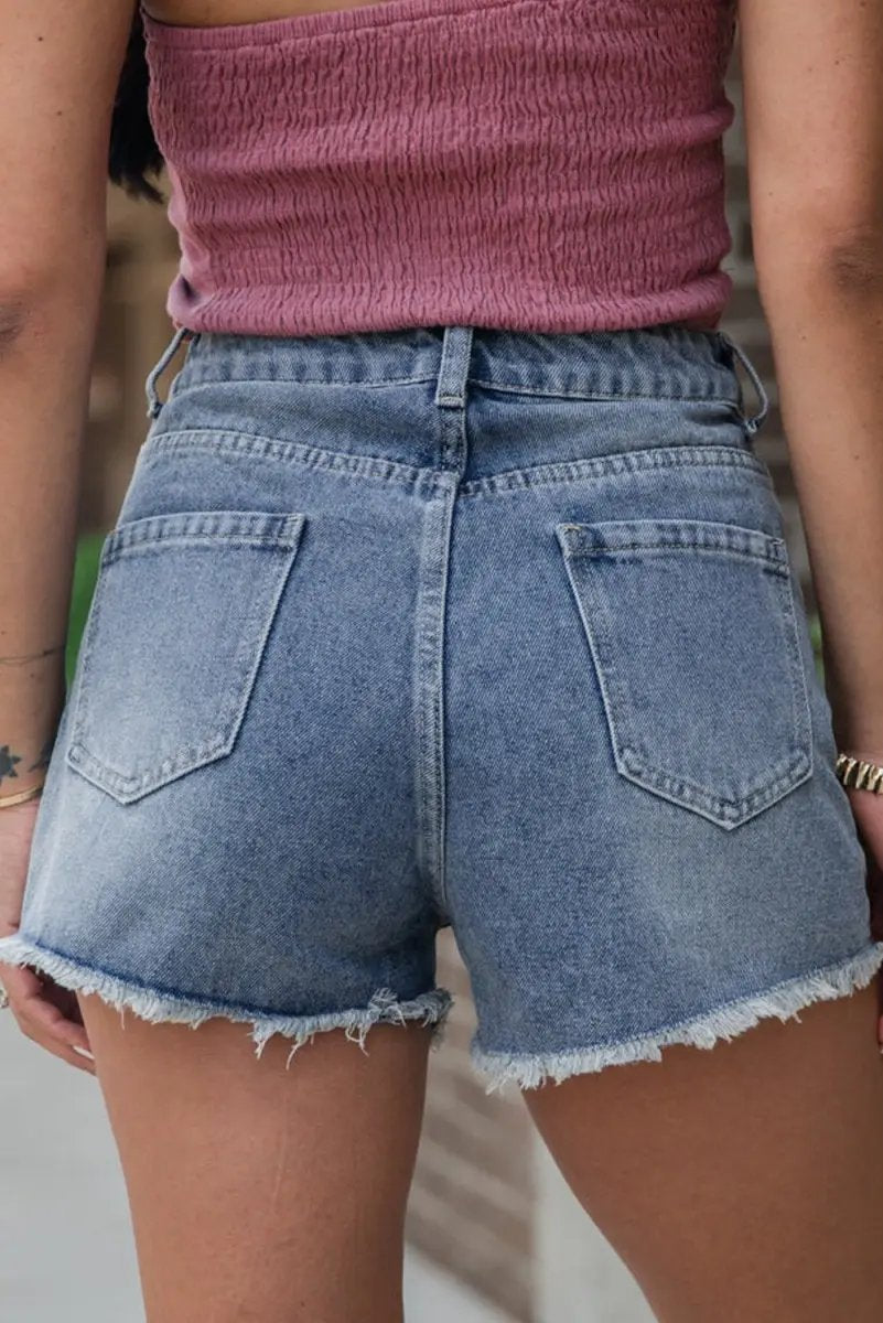 Love Salve Denim Shorts Beaded Women's Casual Summer Shorts Raw Hem, Pearl Detail