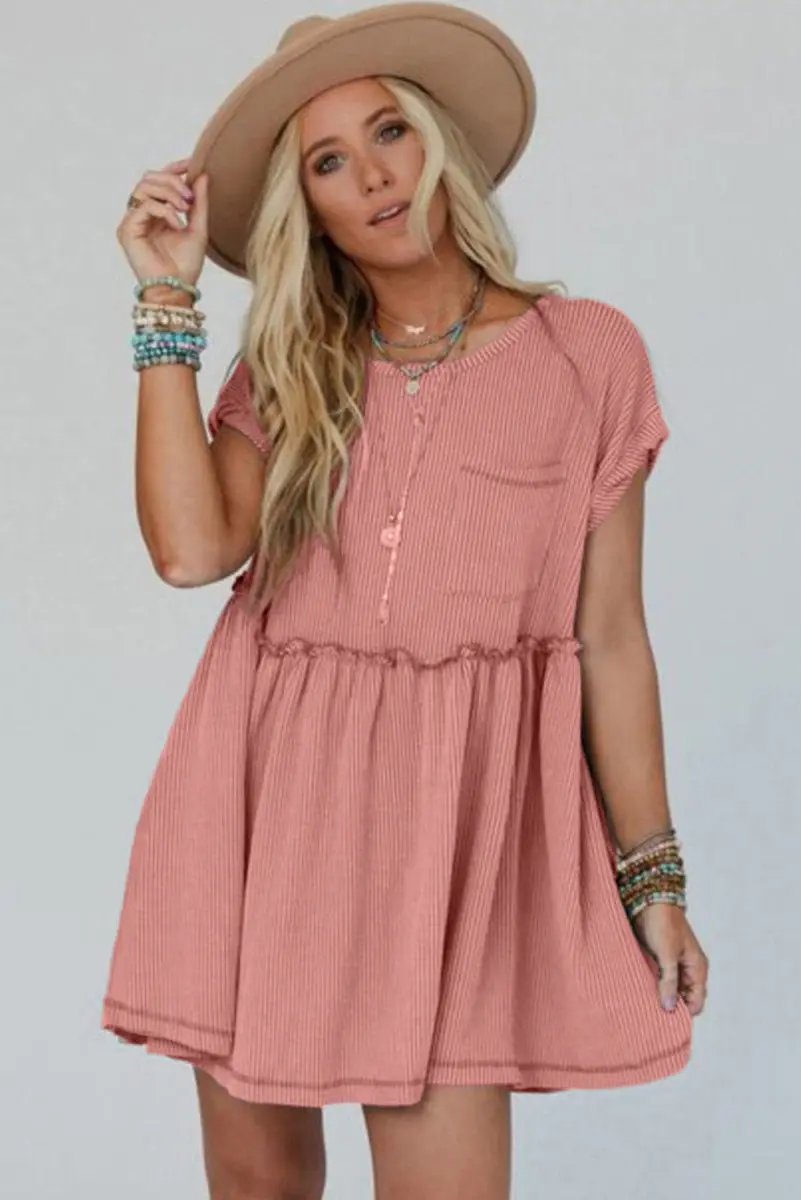 Sweaters Love Salve Pink Corded Mini Dress Women's Daily Casual Swing Dress - Textured & Frilled