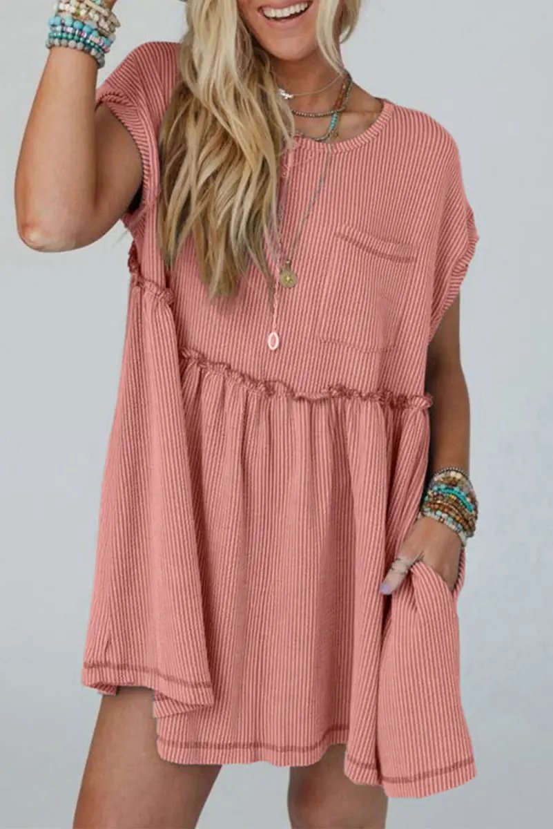 Sweaters Love Salve Pink Corded Mini Dress Women's Daily Casual Swing Dress - Textured & Frilled