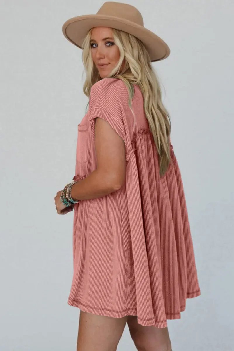 Sweaters Love Salve Pink Corded Mini Dress Women's Daily Casual Swing Dress - Textured & Frilled