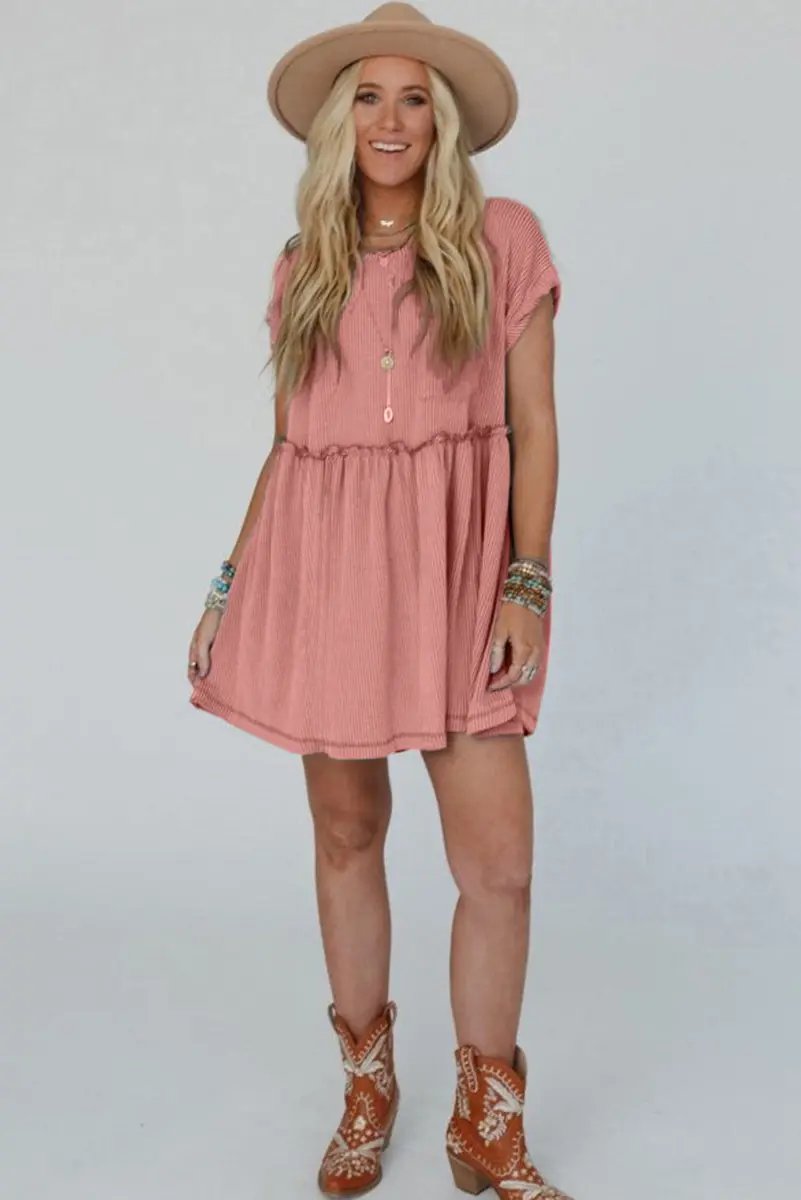 Sweaters Love Salve Pink Corded Mini Dress Women's Daily Casual Swing Dress - Textured & Frilled