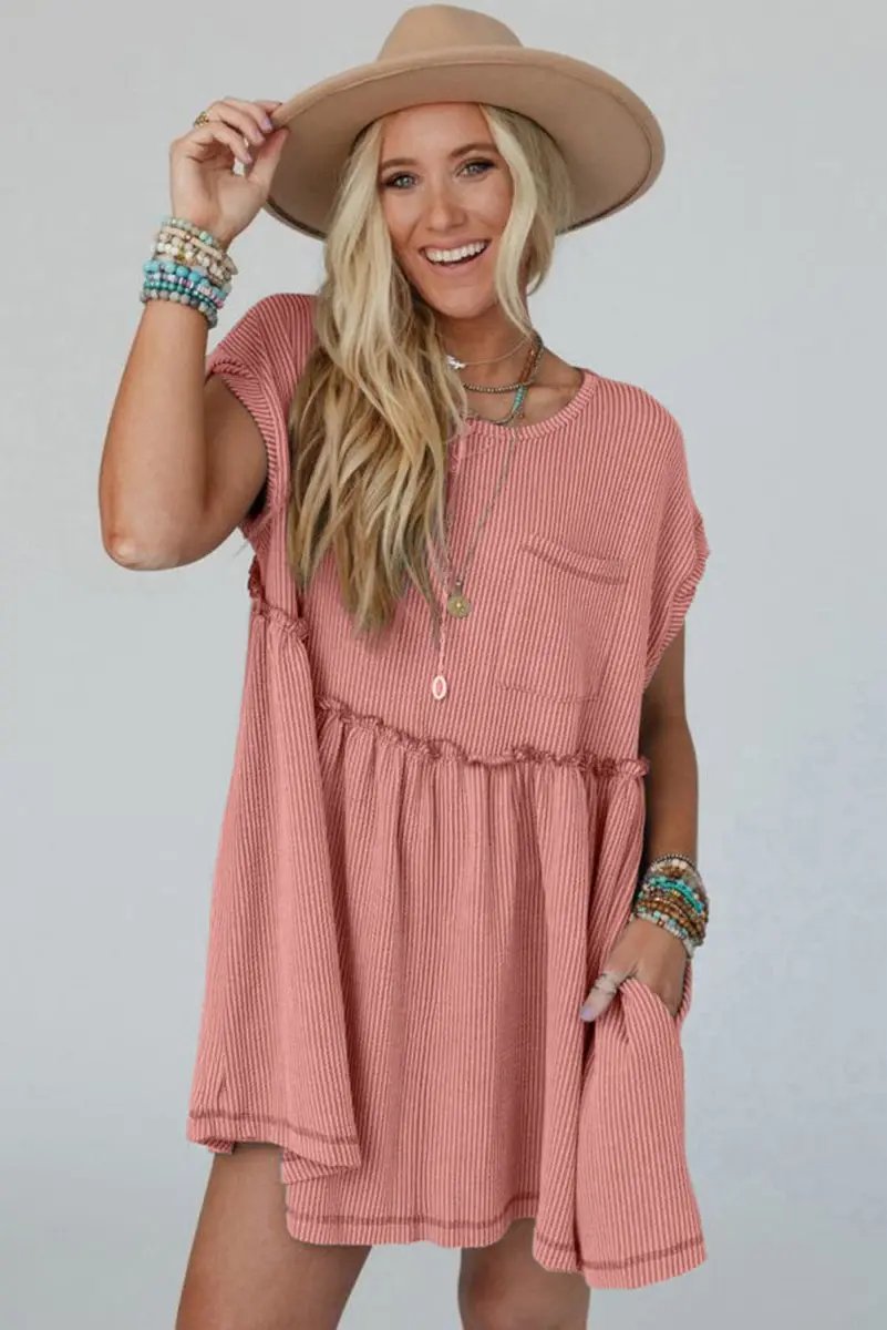 Sweaters Love Salve Pink Corded Mini Dress Women's Daily Casual Swing Dress - Textured & Frilled