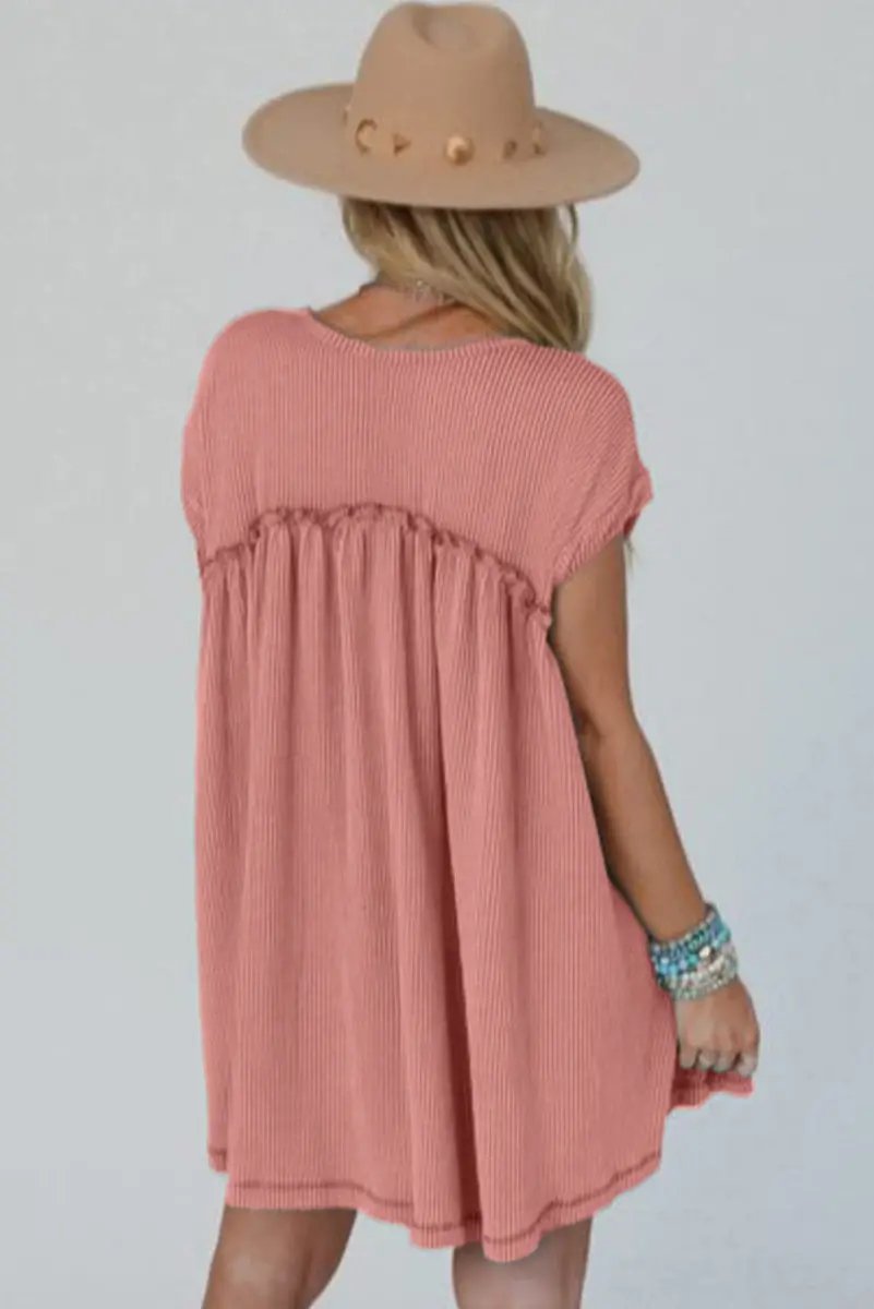 Sweaters Love Salve Pink Corded Mini Dress Women's Daily Casual Swing Dress - Textured & Frilled