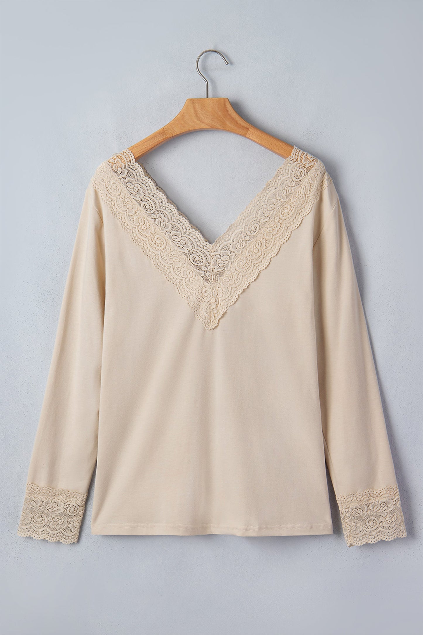 Apricot Lace Trim V Neck Long Sleeve Patchwork Pullover Top