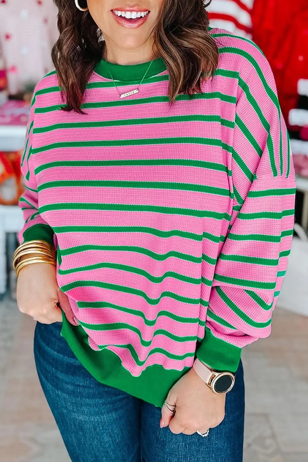 Sweaters Love Salve Pink Stripe Plus Size Women's Sweatshirt Cozy Waffle Knit Crew Neck