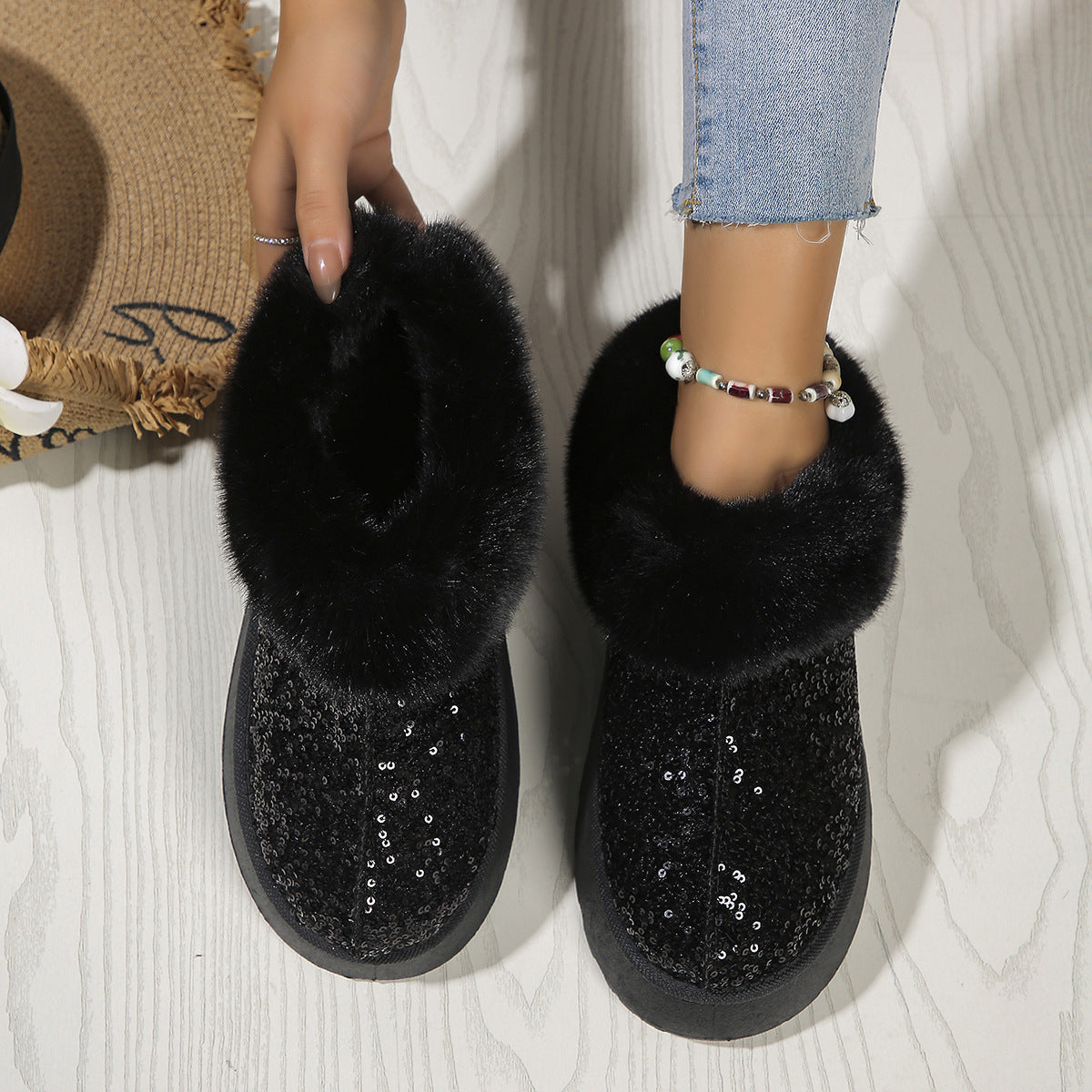 Sequined Plush-Lined Indoor-Outdoor Slippers