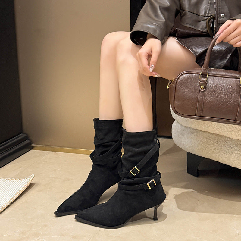 Botines de tacón de aguja de ante con punta para mujer